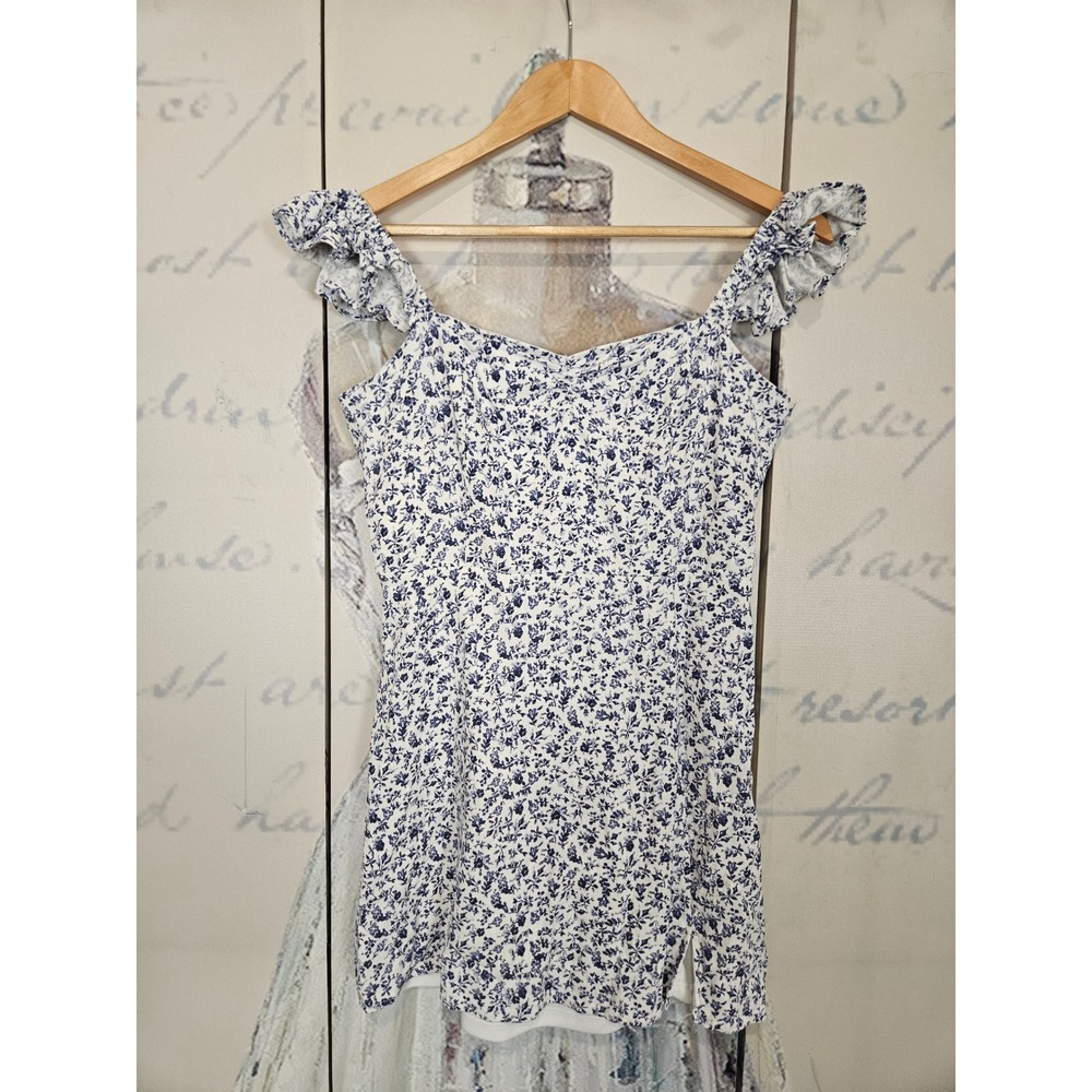 Francesca's Mini Dress Medium Blue White Floral Ruffle Smocked Cottagecore Boho
